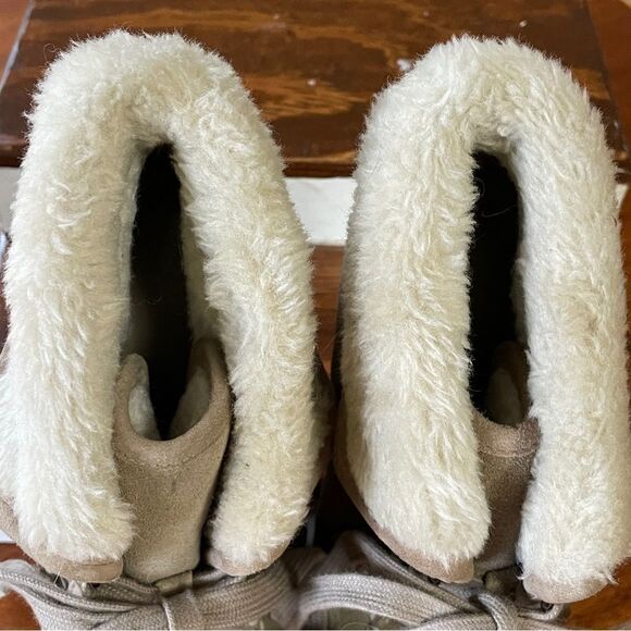 GUESS Wood Heel Platform Stiletto Boots Tan Suede Leather Cream Faux Fur sz 6.5 - Picture 9 of 13